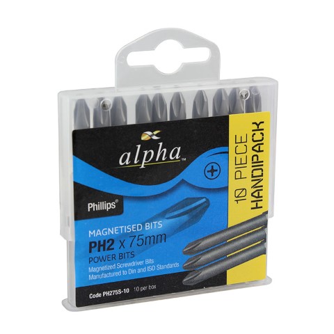 ALPHA PH2 X 75MM PHILLIPS RIBBED POWER BITS - HANDIPACK OF 10
